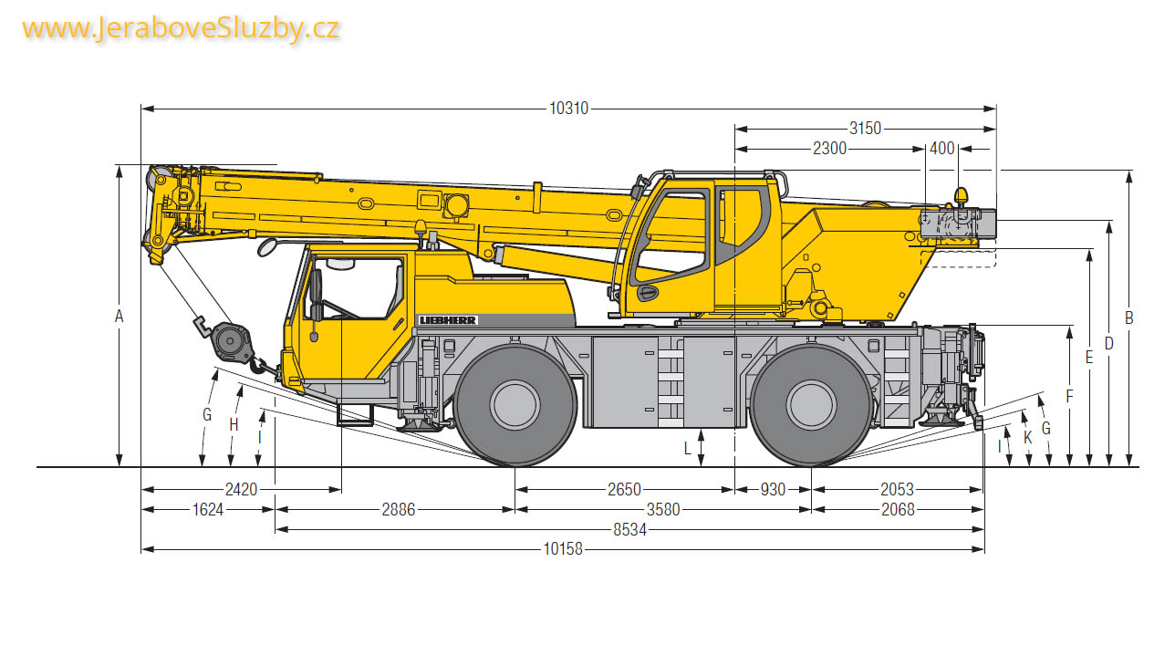 Jeřáb Liebherr LTM 1030-2 technické nákresy bokorys