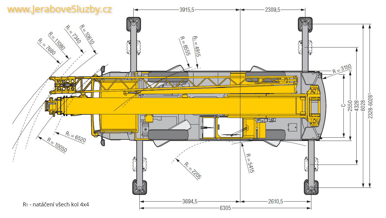 Jeřáb Liebherr LTM 1030-2 technické nákresy půdorys